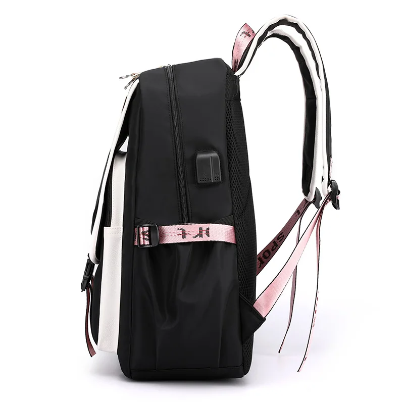large school bags for teenage girls USB port canvas schoolbag student book bag fashion black pink teen school backpack