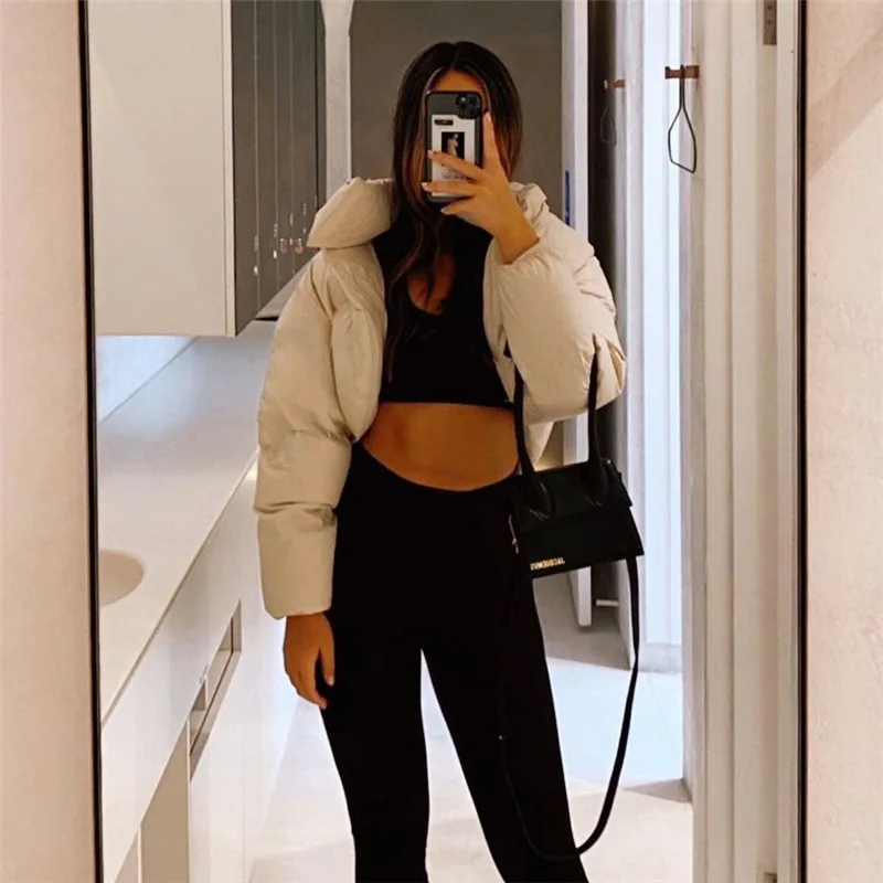 2022 Autumn and Winter Women's Clothing New Women's Fashion Standing Collar Solid Color Cardigan Thickened Short Cotton Jacket