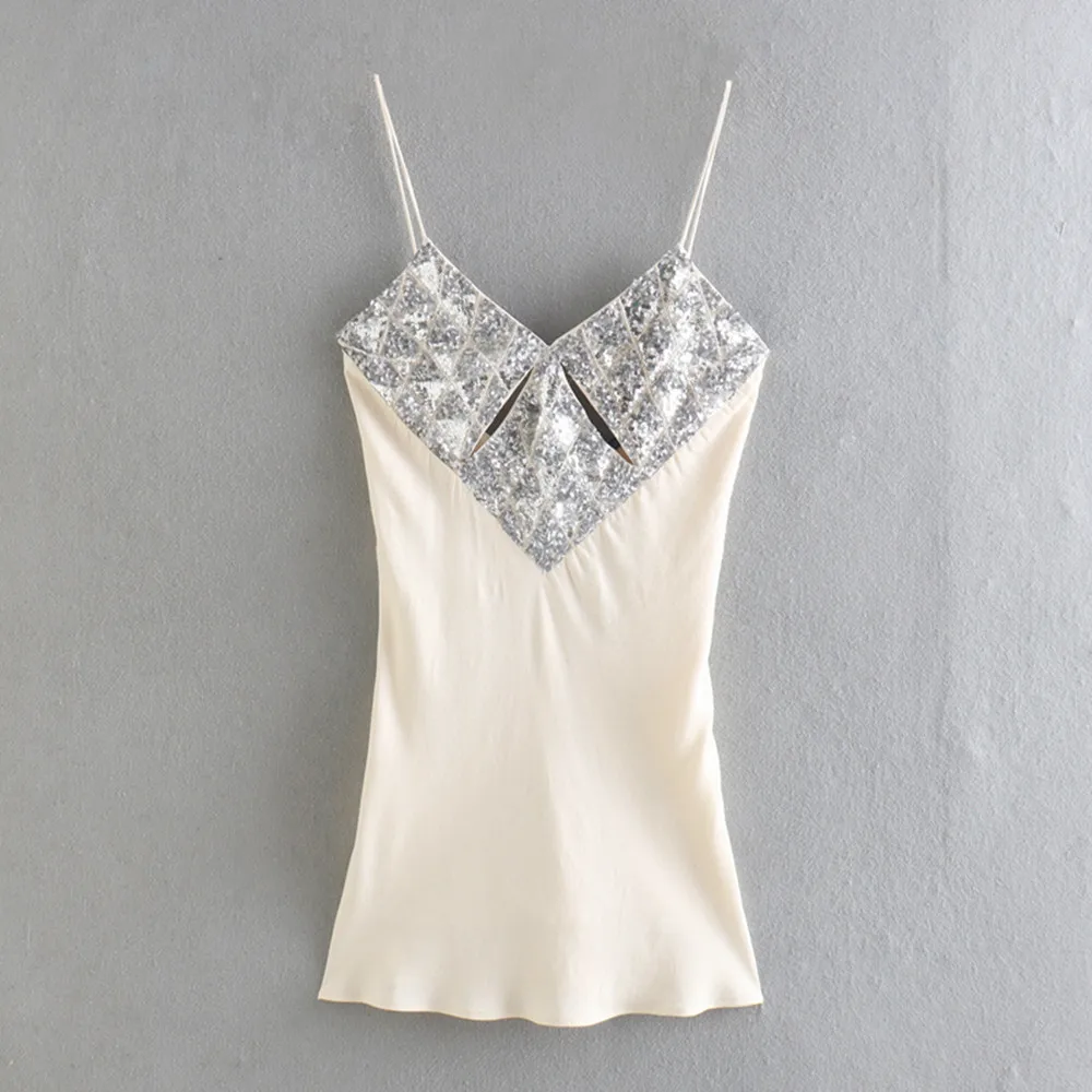 

Женское платье с V-образным вырезом, привлекательное шелковое атласное мини-платье контрастных цветов с блестками и ремешками, весна 2022