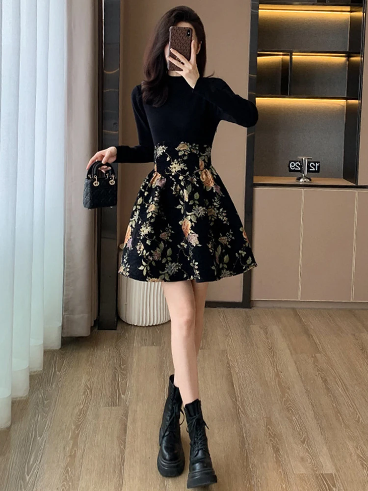 Высококачественное новое китайское черное трикотажное платье в стиле ретро 2024