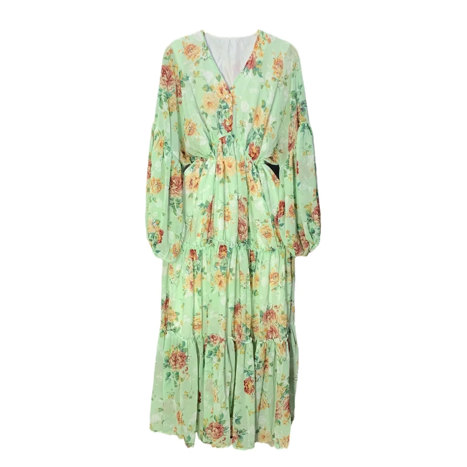 Elegant High-Waisted Slimming Dress For Women New Fall Vintage V-Neck Lantern Sleeve Long With Ruffle Edge And Scattered F