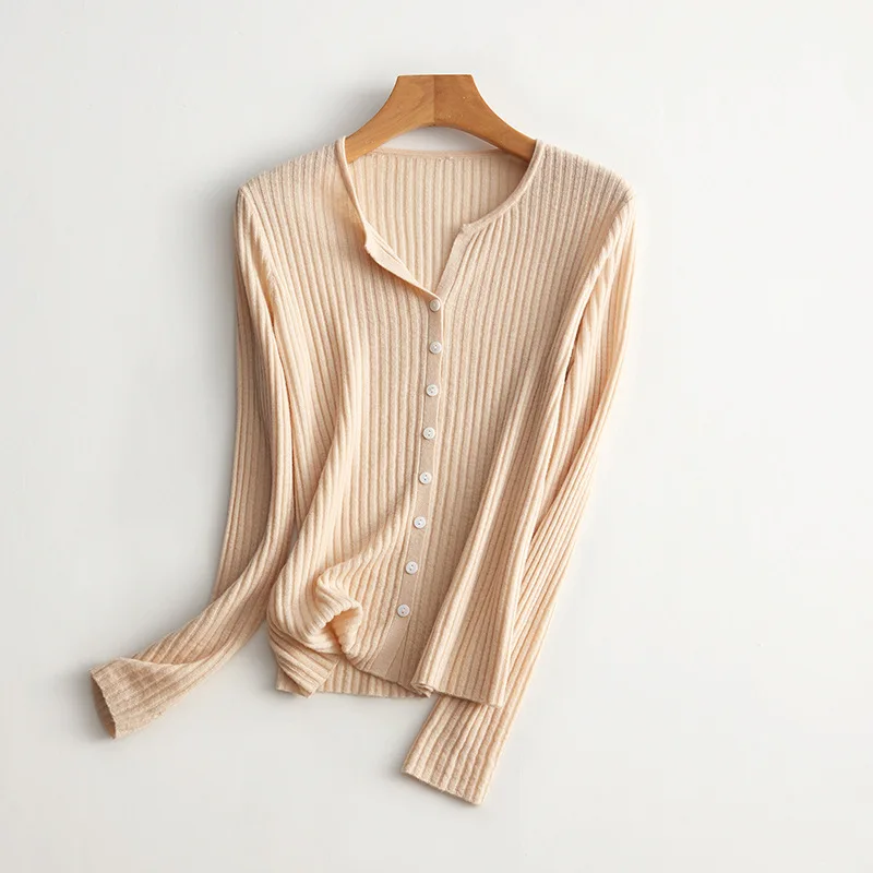 Трикотажный кардиган из 100% шерсти 16 игл 48 нитей с v-образным вырезом и полосками