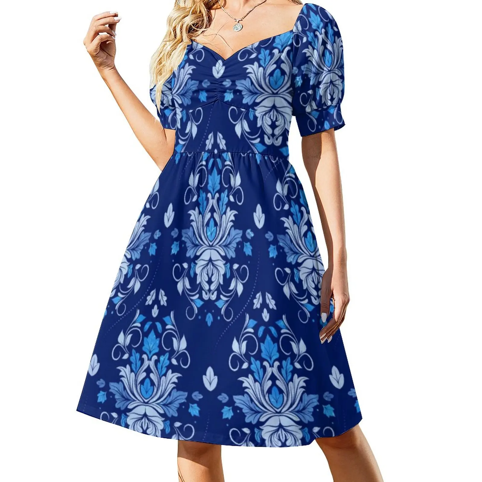 

Blue Baroque Print Dress Sexy V Neck Oriental Vintage Damask Trendy Dresses Female Stylish Printed Oversized Casual Dress Gift