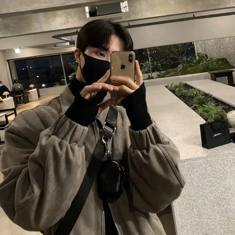 Мужская зимняя замшевая куртка дизайнерская теплая толстовка с капюшоном модная