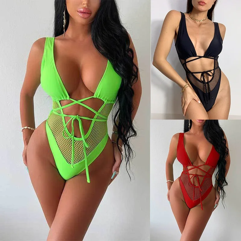

European And American Swimsuit Explosions Green Grid Stitching Lace-up One-piece Swimsuit Sexy Tight Swimsuit Bikini
