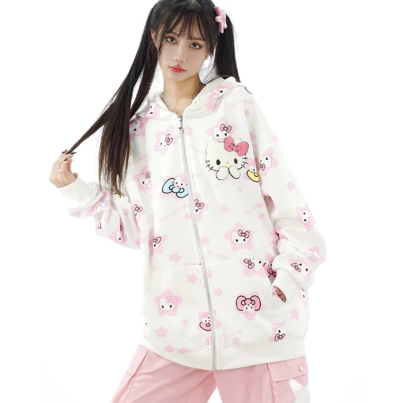 

Кавайная Толстовка Sanrio, милая бархатная куртка Hello Kitty, милый свитшот для девушек, кардиган на молнии, Женская осень и зима