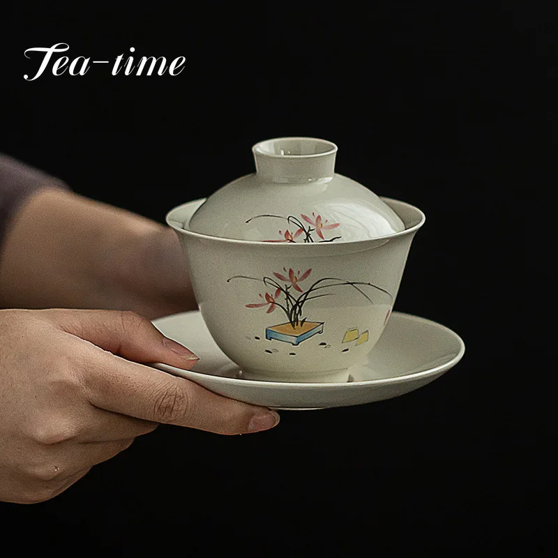 

130ML Antique Glaze Orchid Ceramic Tea Tureen Kung Fu Tea Set Retro Plant Ash Sancai Covered Bowl Tea Maker Gaiwan Small Teaware