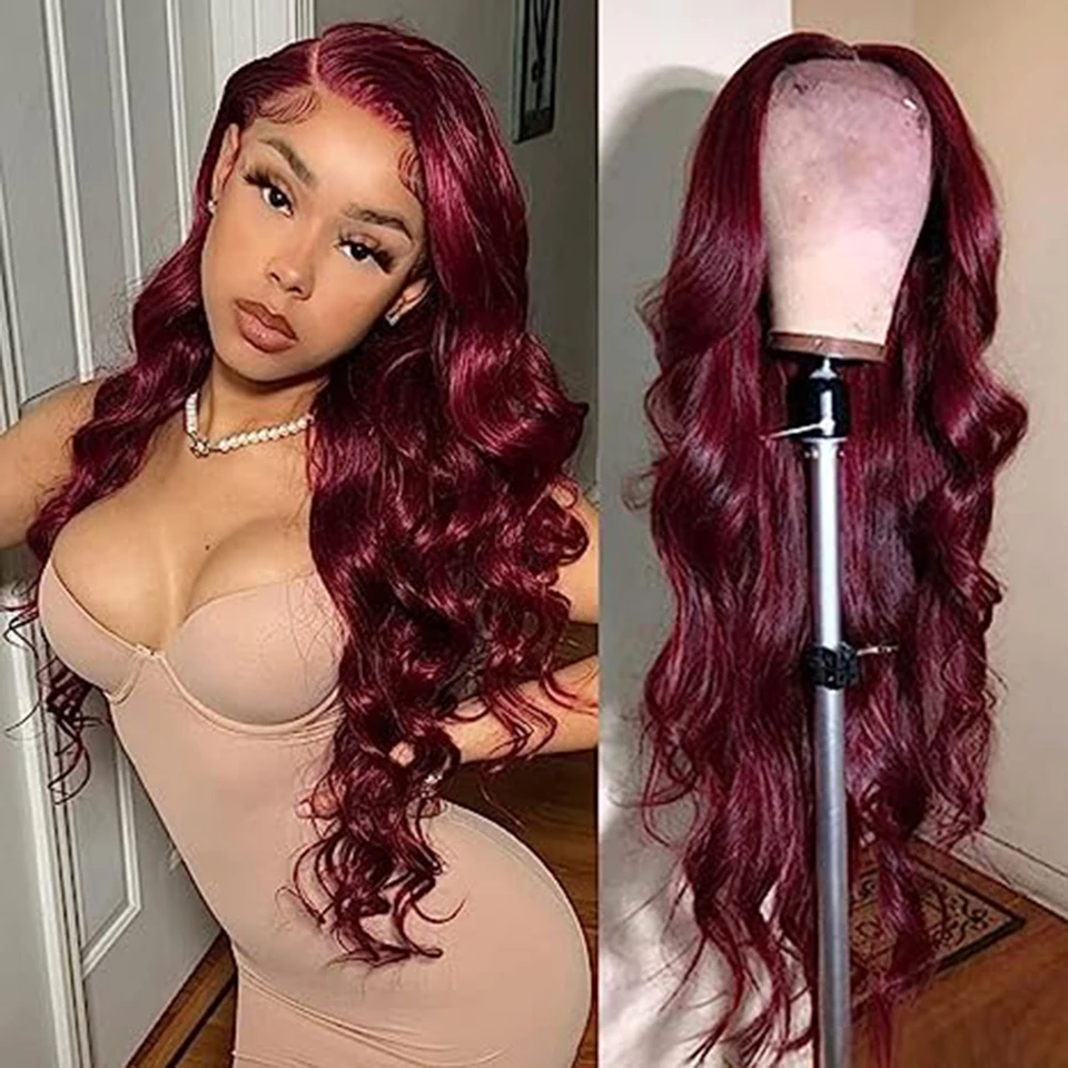

99J Burgundy Body wave Lace Front Wig Pre Plucked Raw Indian Transparent 13x6 Full Lace Frontal Human Hair Wig For Women 180%