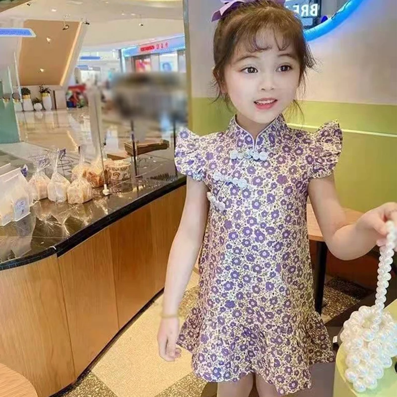 

Летнее платье для маленьких девочек, детское Цветочное платье-Ципао в китайском стиле с коротким рукавом для девочек, повседневные платья, ...