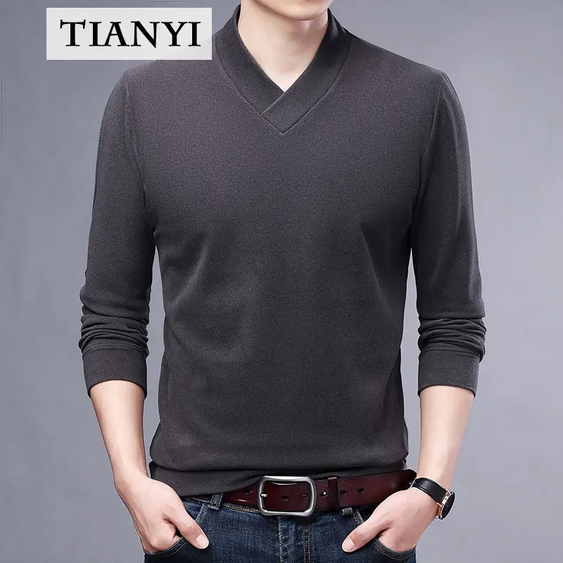 High Quality Men's Spring and Autumn Men's Long-sleeved Sweater Youth Casual V-neck Double-sided Velvet T-shirt Bottoming Shirt