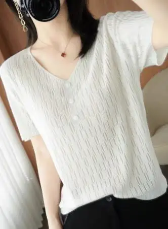 

2022 Casual 100% cotton top summer new solid color V-neck short sleeves grey