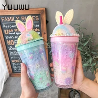 cute rabbit ears cartoon ice cup girl favorite gradient color summer creative personality ins cool straw plastic bottle gift