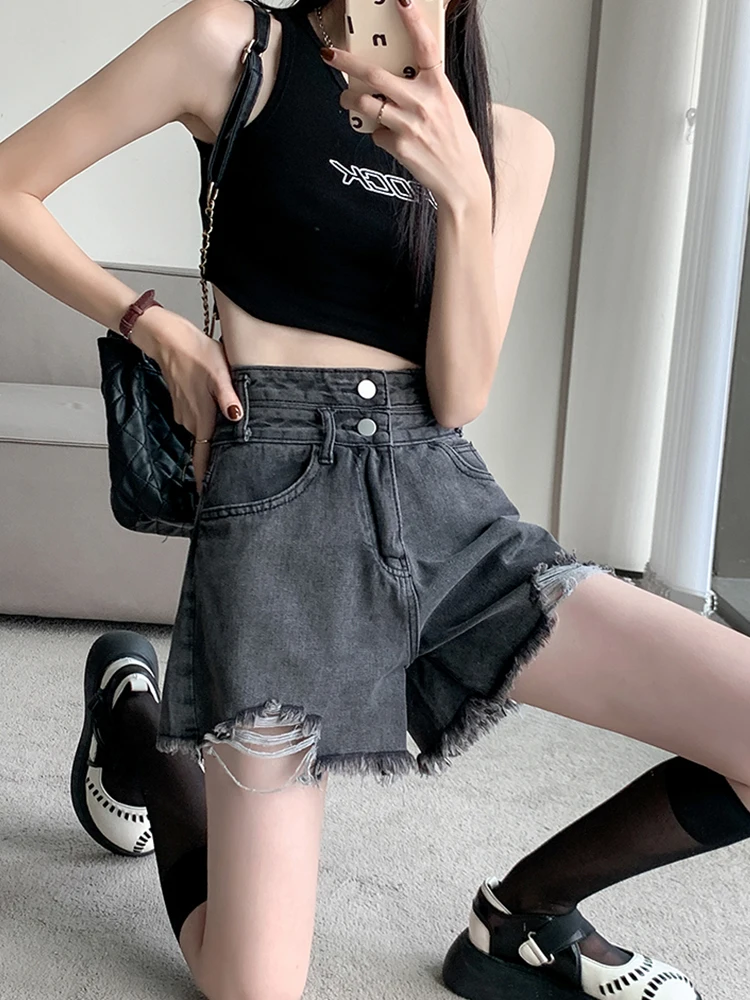 Spring Summer Women Vintage Frayed Hole Denim Shorts Streetwear Female High Waist Button Wide Leg Jeans Skirts Bottoms