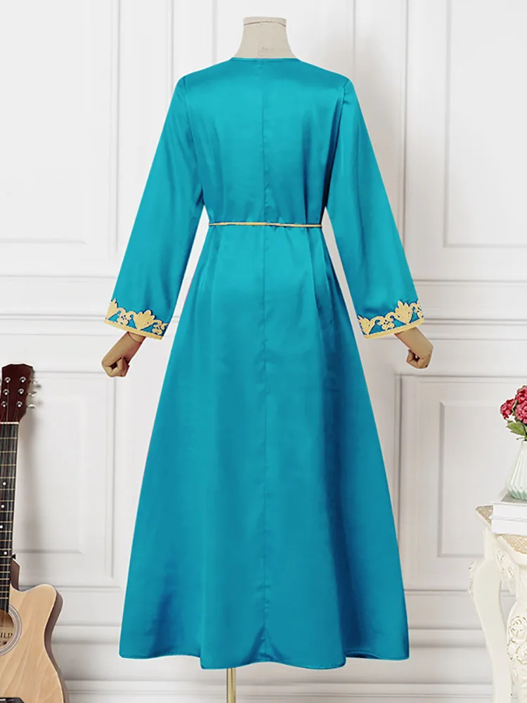 VONDA Plus Size Women 2023 Summer Dress Printed Bohemian Dress Long Sleeve Sexy V Neck Satin Party Vestido Belted Maxi Robe