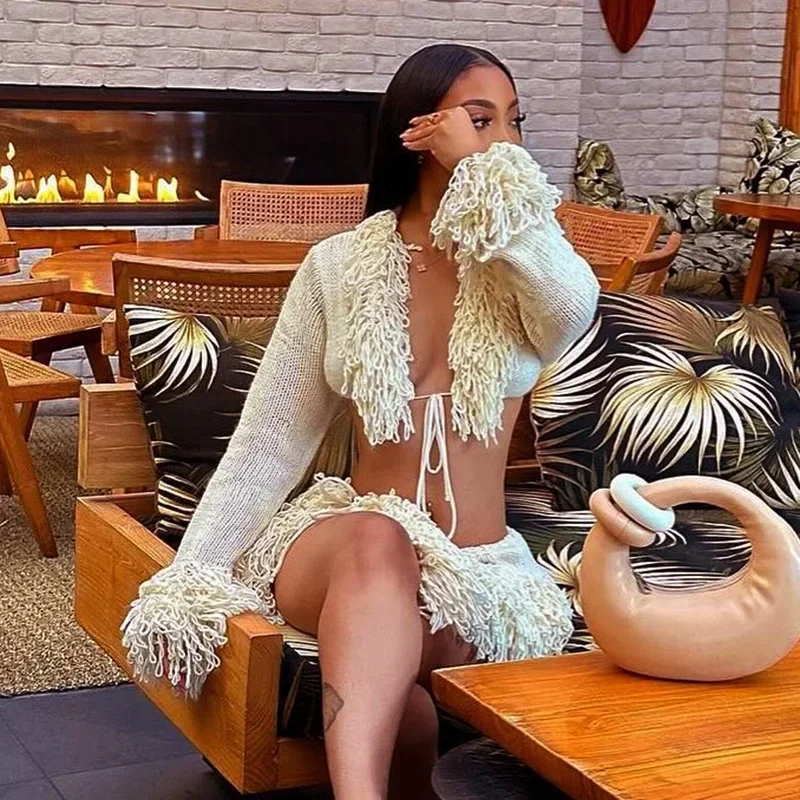 Сексуальный женский вязаный свитер с кисточками кардиган юбки разрезом