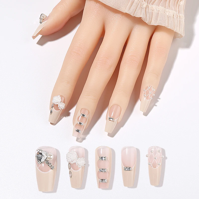 10 шт. балетные французские накладные ногти ручной работы белая камелия стразы