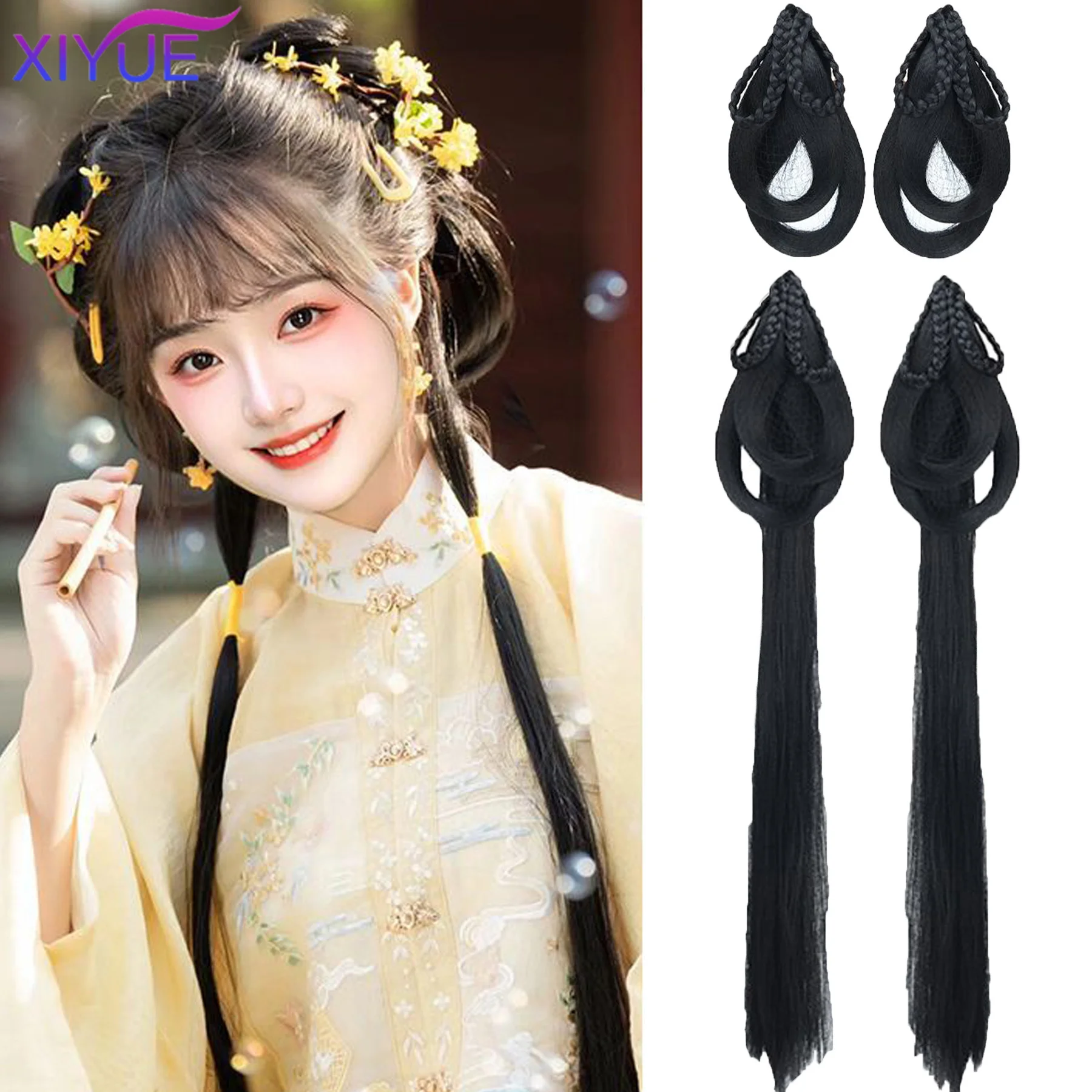 Chinese Ancient Wig Women Hanfu Wigs Headdress Photography Dance Accessory Black For Integrated Hair bun High tem