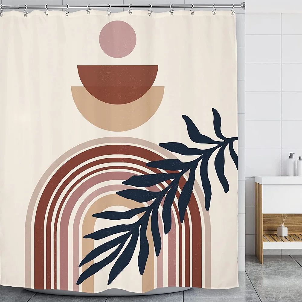

Modern Mid Century Shower Curtain Abstract Sun Minimalistic Cute Curve Print Beige Geometric Print Bathroom Decor Bath Curtains