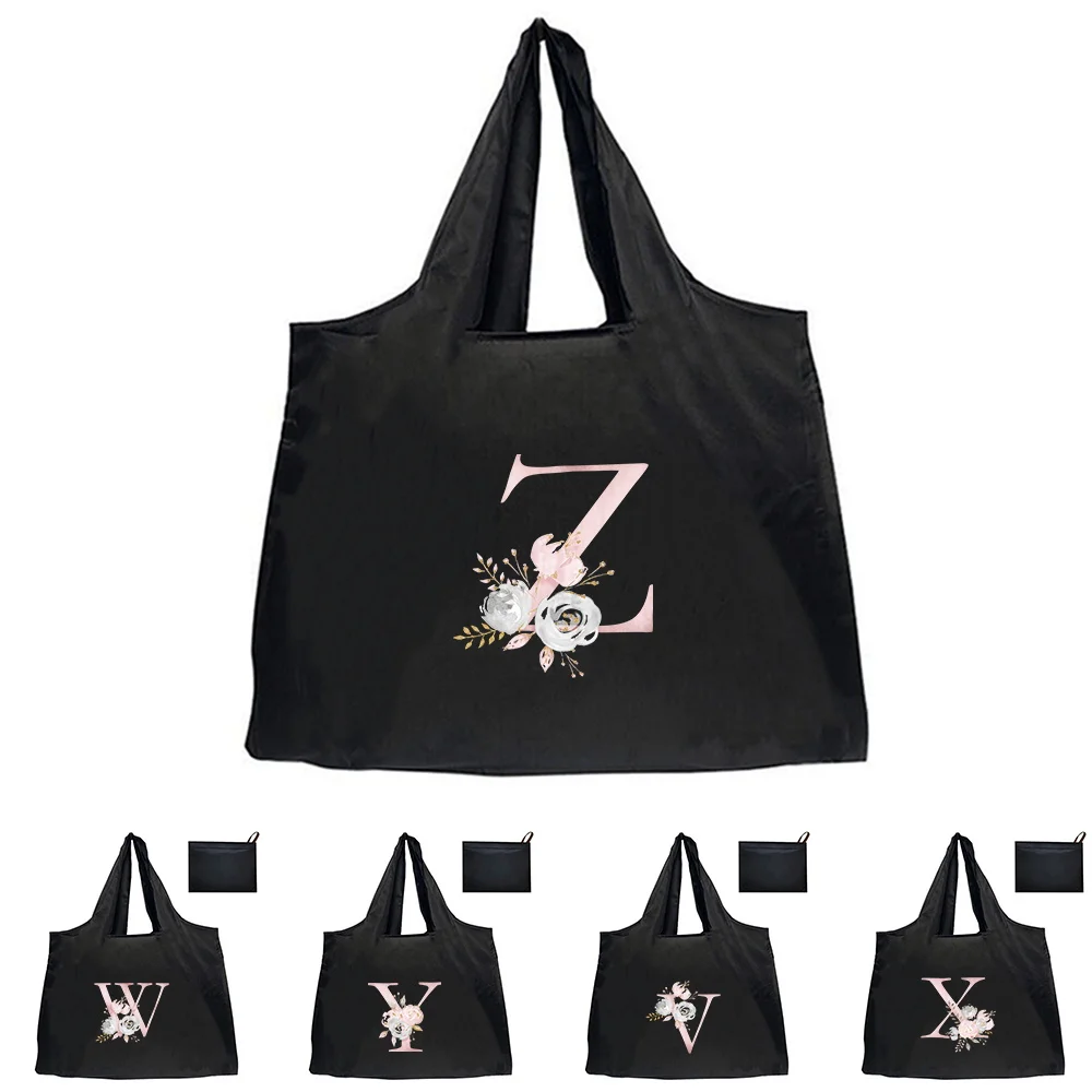 

Shopping Folding Pouch Handbags Picnic Storage Bag Large-Capacity for Travel Grocery Tote Beach Bag Flowers and Letters Are Both