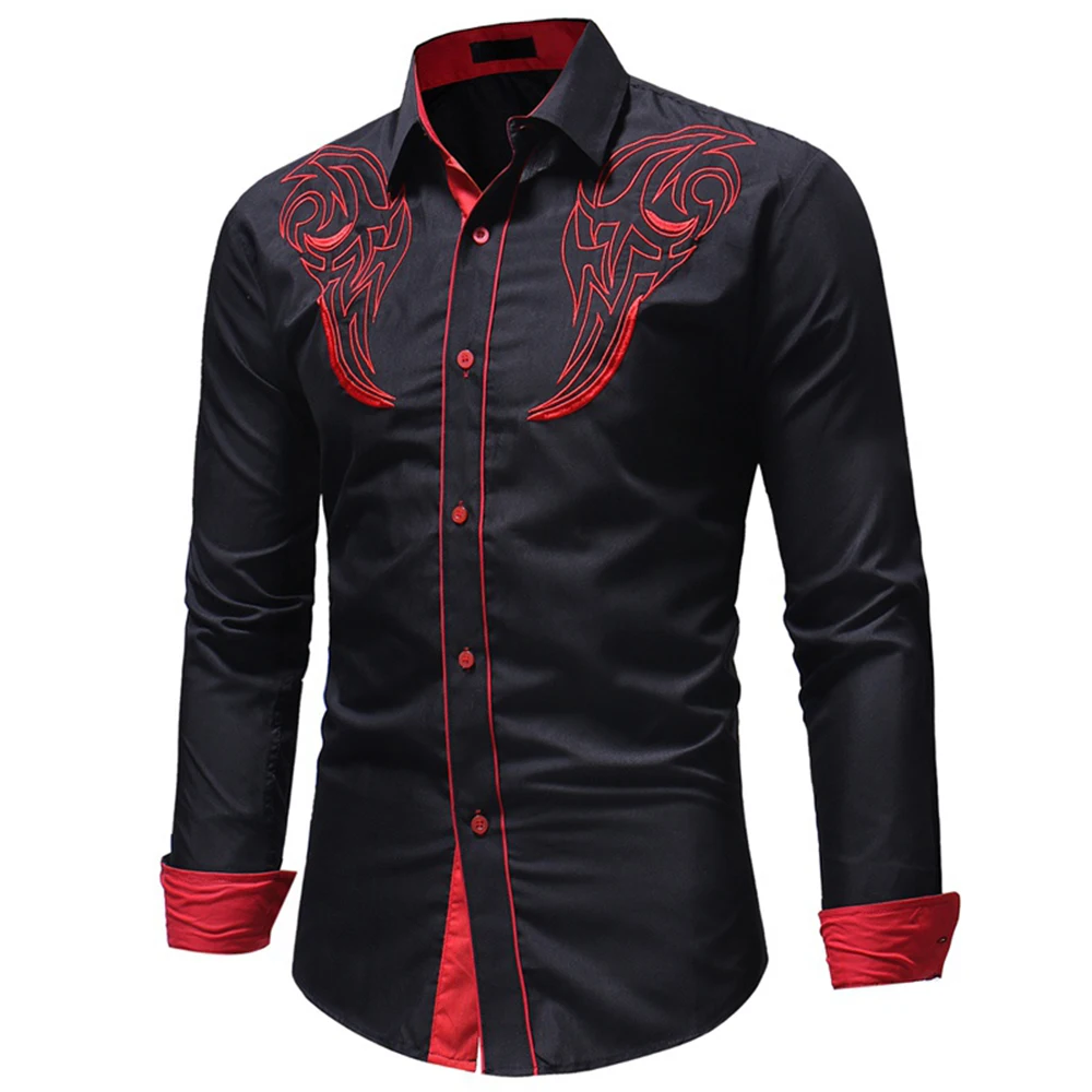 Fashion Men's Embroidered Western Shirt Long Sleeve Slim Casual Shirt