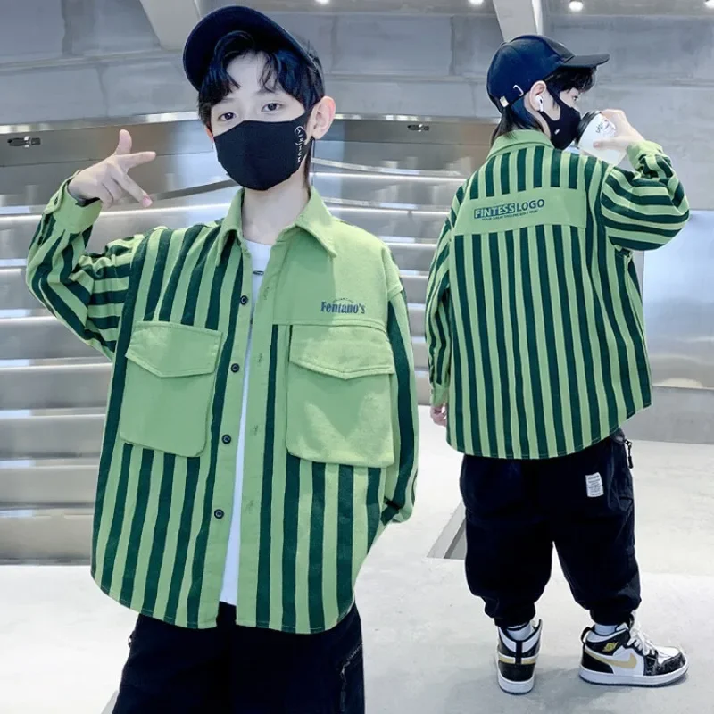 

Рубашка для мальчиков с вертикальными полосками, 100% хлопок, с карманами