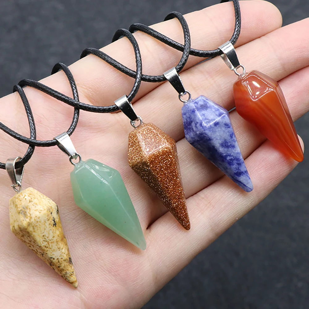 

Natural Stone Rose Quartz Agate Hexagon Cone Pendulum Pendant Necklace Rope Chain For Jewelry Making Accessory Gem Charm Gift1PC