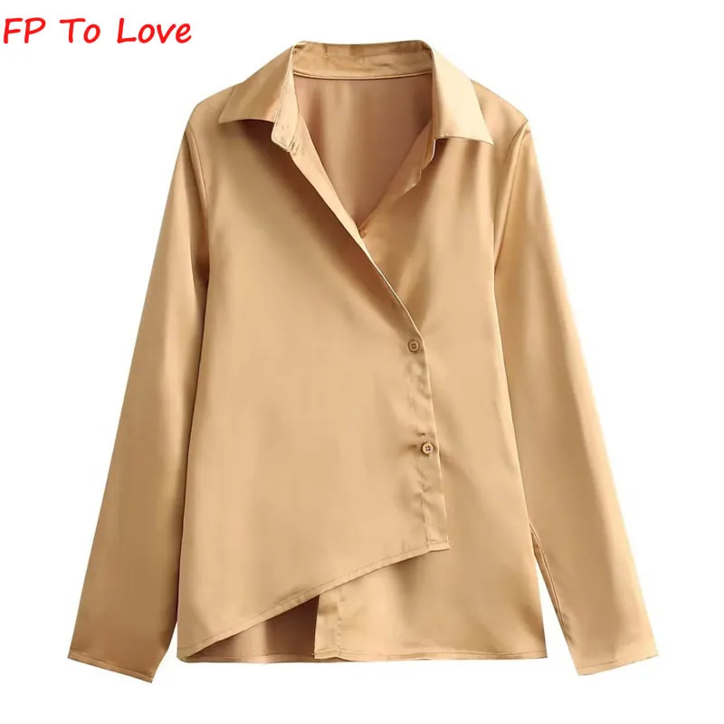 

Атласная Блузка цвета хаки, стильная однобортная уличная одежда с длинным рукавом, Женская Базовая рубашка для офиса, Женская Золотая рубаш...