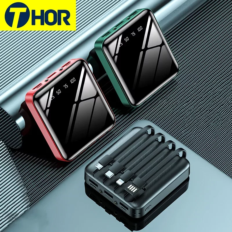 

2023NEW 10000mAh Mini Power Bank with Micro USB TYPE C Cable Portable Charger LED Mirror Power Bank External Battery Pack Power