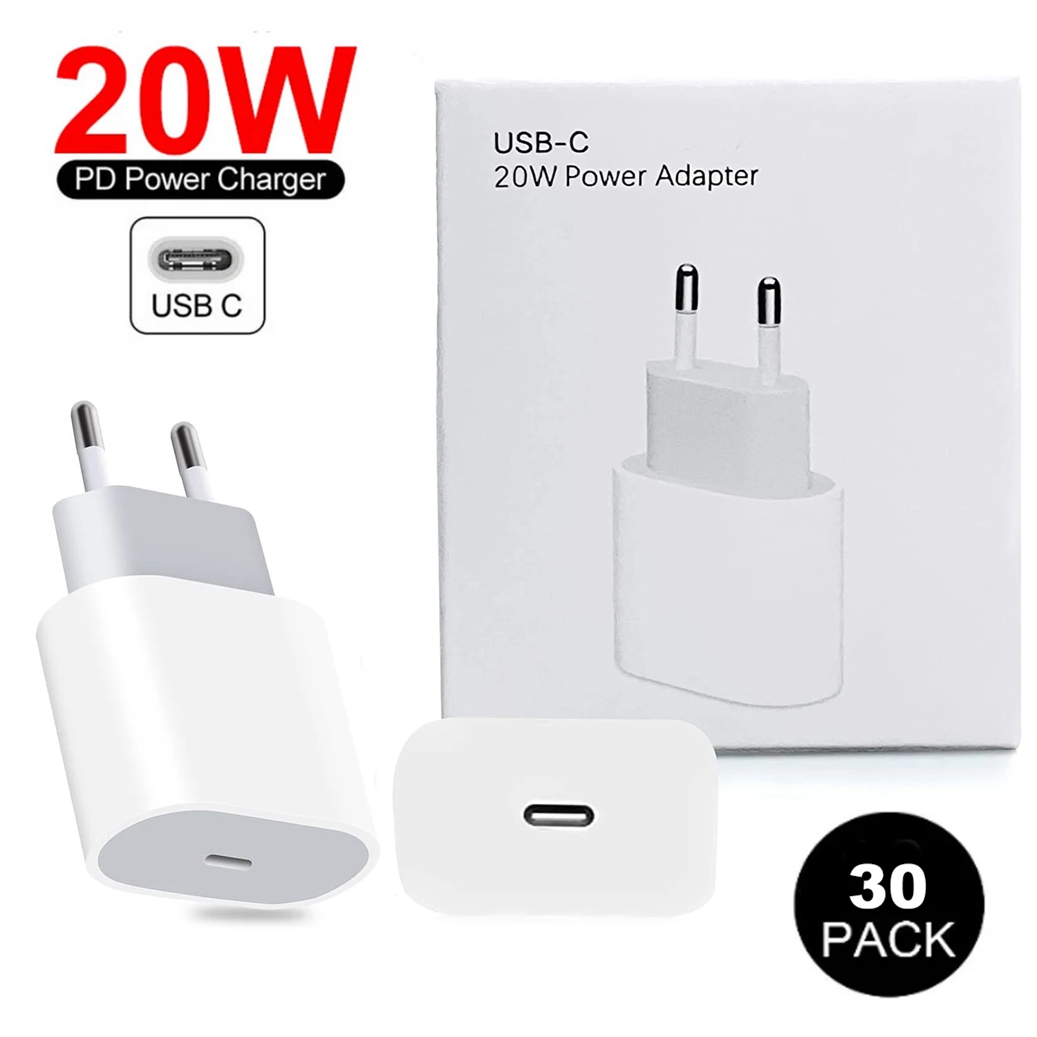 

30Sets 20W USB-C Power Adaptor QC 3.0 PD Type C Fast Charge EU Plug Quick Charger Adapter For Mobile Phone 11 12 Max Table