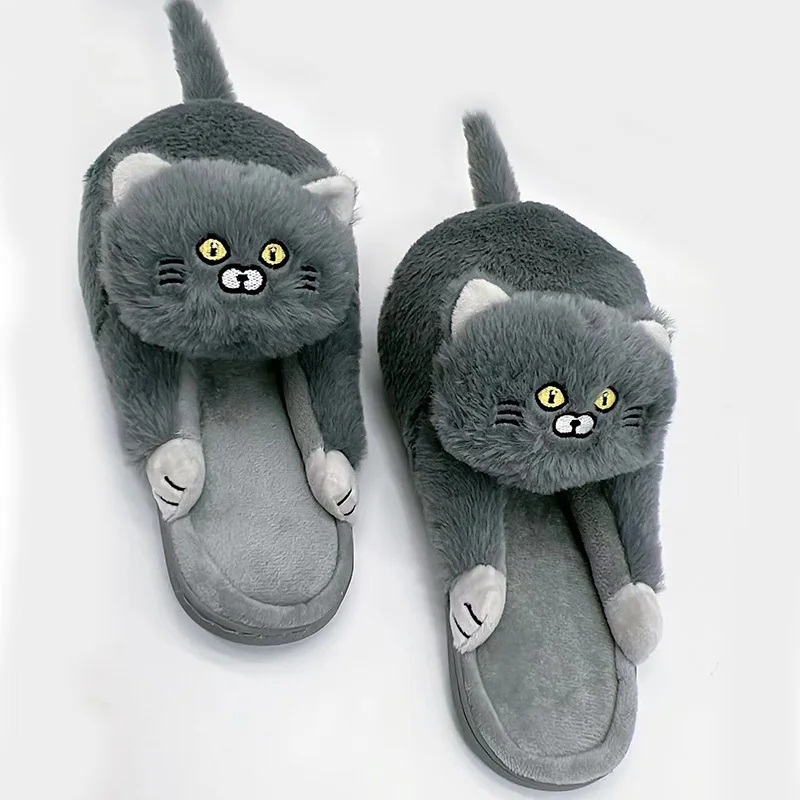 Top Quality Meme Cat Slippers Men and Women Kawaii Black Gray Kitten Fur Mules Unisex Cuddle Hug Felidae Plush Slippers