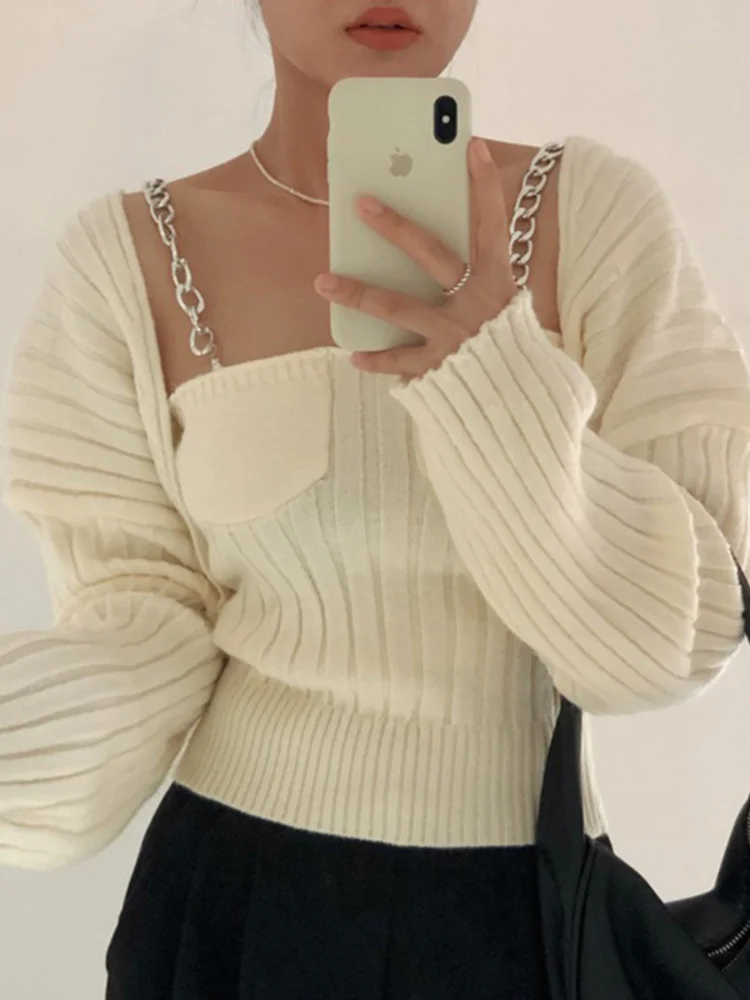 

Chic Autumn Winter 2022 Vintage Beige Knitted Women's Suit Square Collar Sleeveless Top Long Sleeve Cardigan Two Piece Set M891