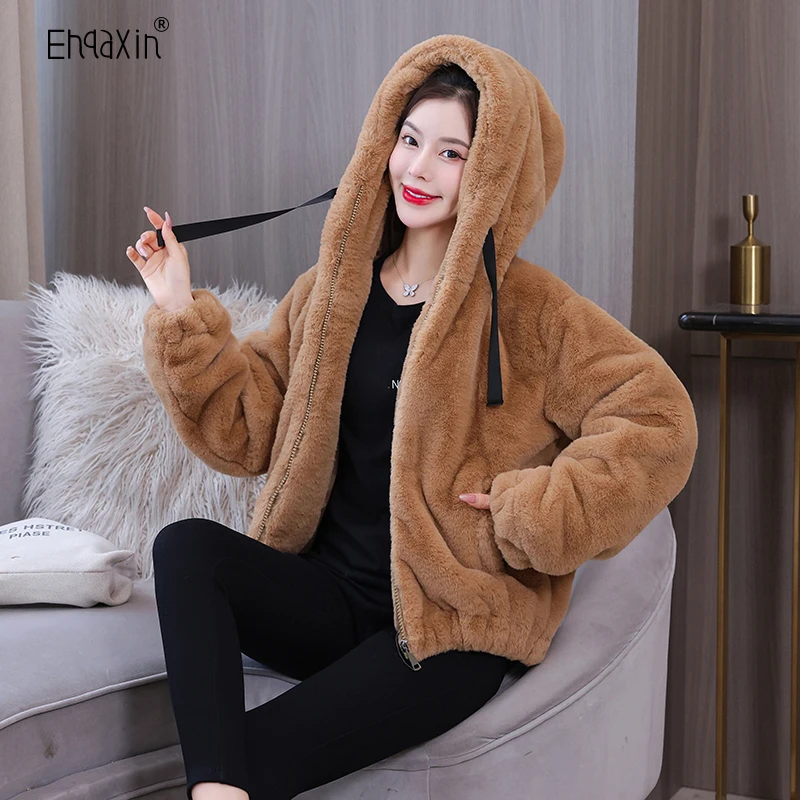 EHQAXIN 2022 Winter New Women's Plush Coat Korean Casual Loose Thickened Wool Coat Hooded Warm Jacket Coats For Ladies L-3XL