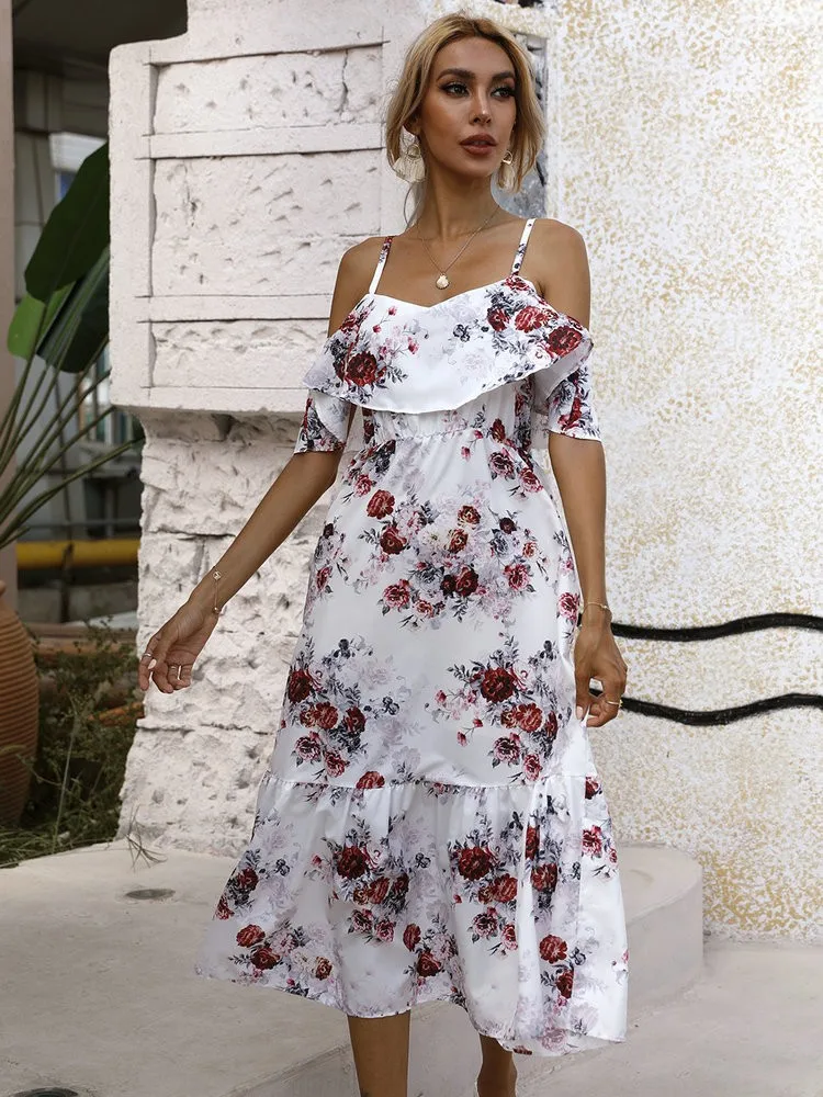 

Floral Print Ruffles Boho Chiffon Long Dress Backless Spaghetti Strap Sleeveless Dresses for Women Beach Holiday Party Vestidos