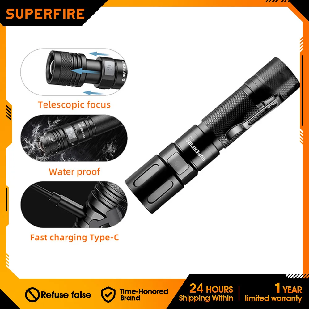 SUPERFIRE Ultra Bright Mini LED Flashlight With LED Waterproof Torch Zoom Powerfull Flashlights USB Type C Built-in Lantern