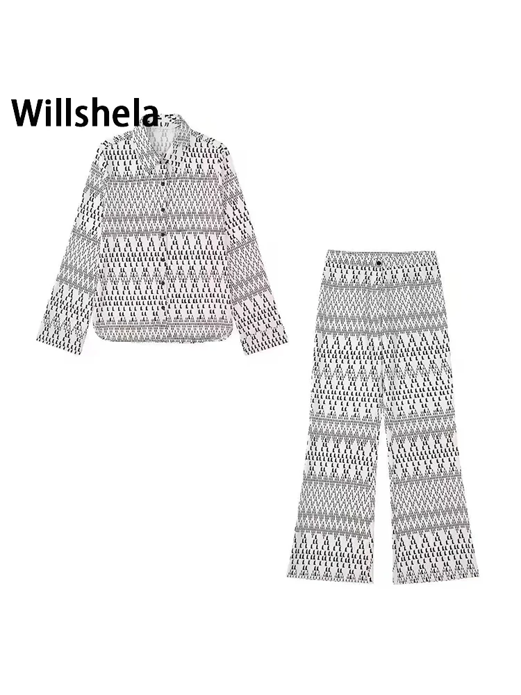 

Willshela Women Fashion Two Piece Set Printed Single Breasted Blouse & Vintage Front Zipper Trouser Female Chic Lady Pants Sets