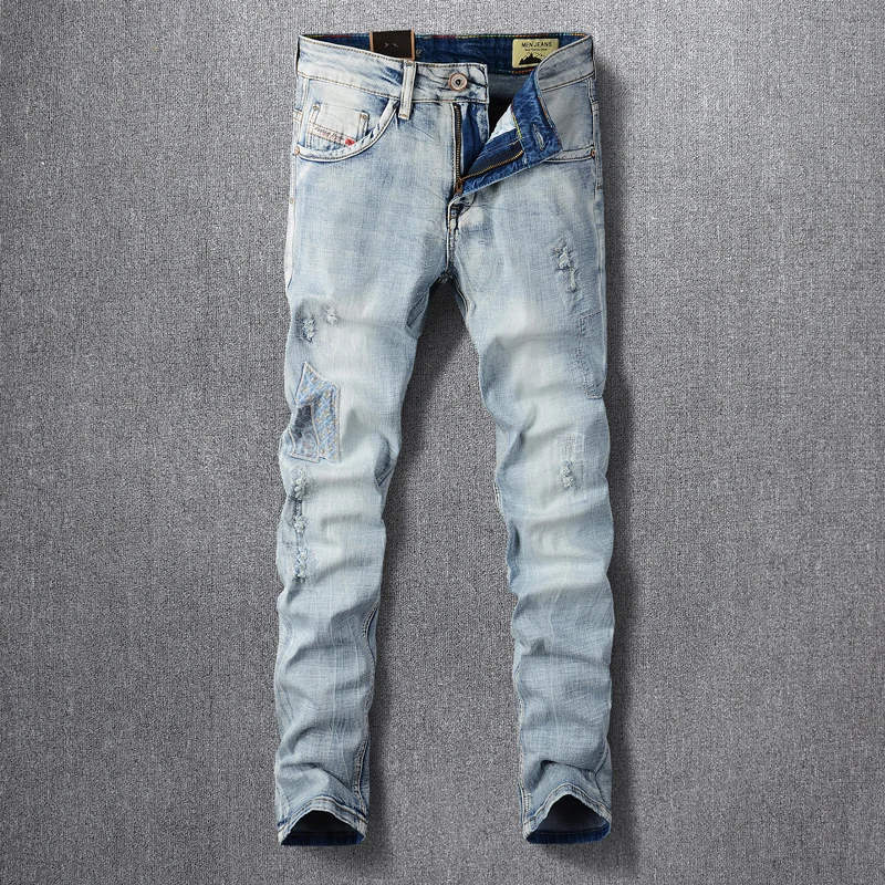 

Streetwear Fashion Men Jeans Retro Light Blue Elastic Slim Ripped Jeans Men Patched Designer Stretch Vintage Casual Denim Pants