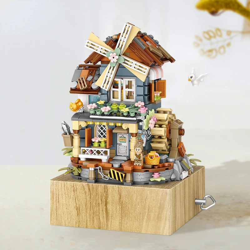 

Small Building Blocks Windmill Music Box DIY Assembly Blocks Creative Presents Christmas Gift Mini Building Model Bricks Kits