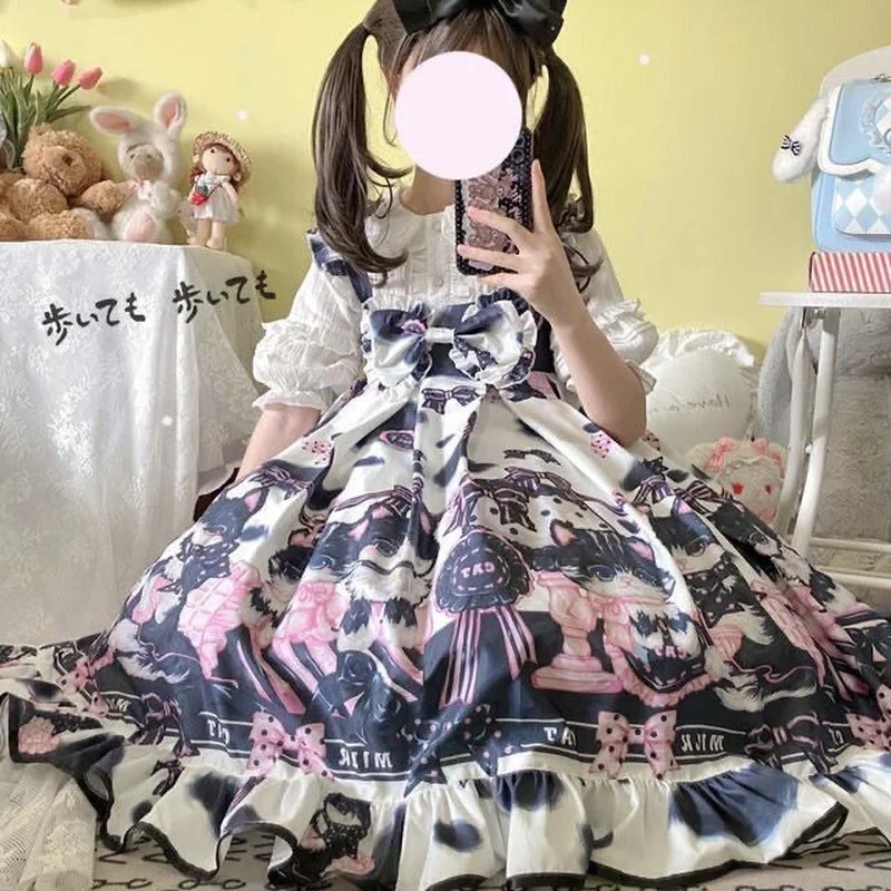 YUIPO японское милое платье с принтом коровы Kawaii Lolita осень слинг корова Кот Лолита