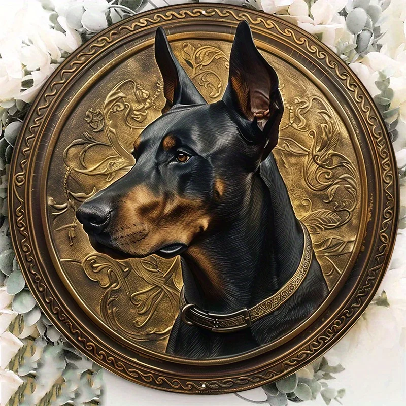 

Circular Medallion for Home Decor, Aluminum Metal Sign, Featuring A Loyal Black Doberman Dog, Unique Pet Lover Gift