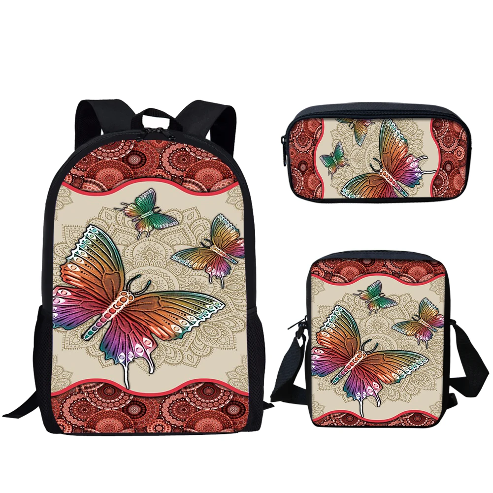 Belidome Casual Schoolbag Mandala Butterfly Print 3Set Lightweight Backpack for Teen Girls Casual Kids School Bags Mochila Esc
