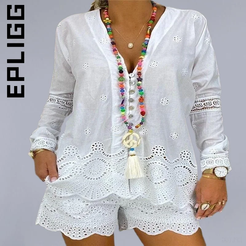 

Epligg Women Set New Slim Long Sleeve Shorts V-Neck Sets Short Pants Loose 2 Piece Set Female Women's Tracksuit Set