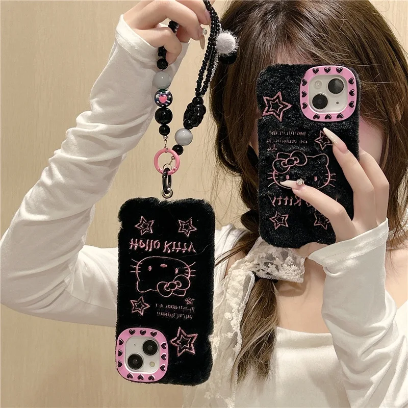 

Чехол для телефона Sanrio Hello Kitty мультяшный креативный Противоскользящий нескользящий плюшевый мягкий чехол с подвеской для IPhone 15 14 13 Promax