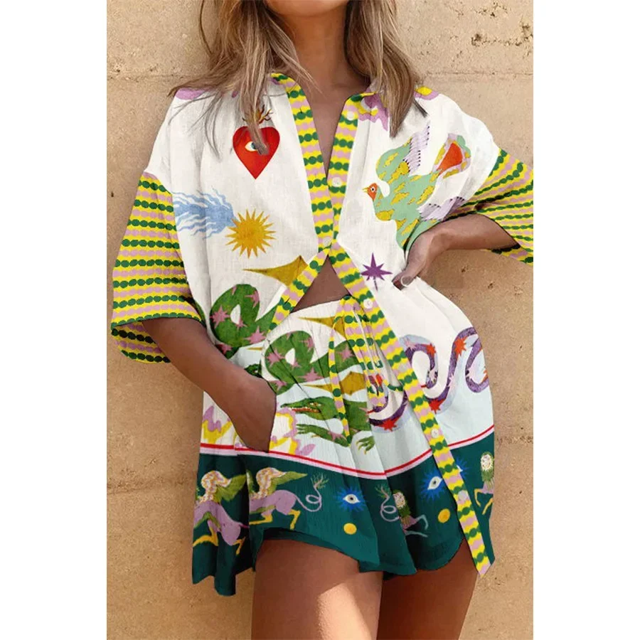 Повседневный комплект рубашки с коротким рукавом и принтом животных Женский
