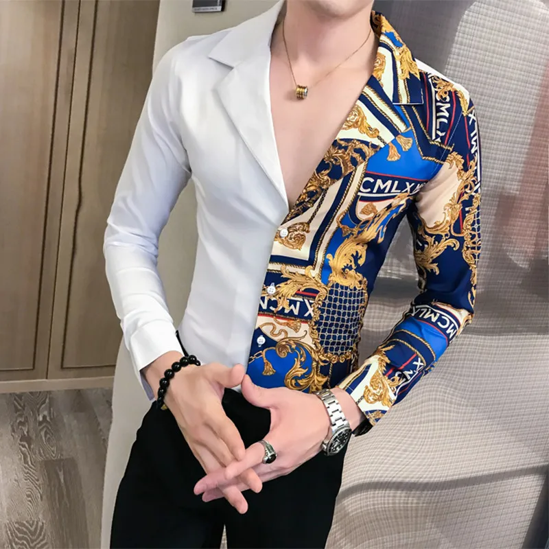 

2022 Fashion Design Casual Shirts For Men Deep V Collar Long Sleeve Slim Fit Male Social Blouse Shirt Dress Streetwear S-3XL