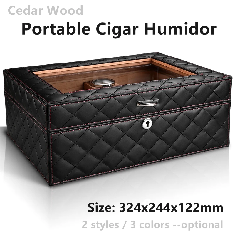 

324x244x122mm Portable Cigar Humidor Cedar Wood Leather-faced Moisturizing Cigar Box Hygrometer Black Gray Cigarette Small Case