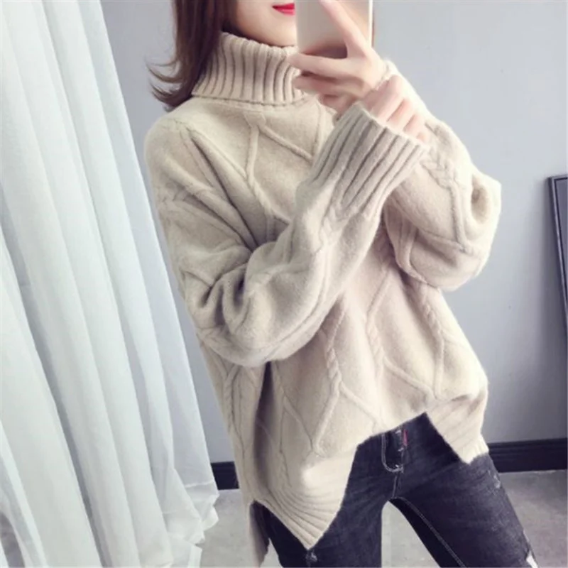 

Winter Autumn Thick Warm High Collar Short Knitted Sweater Women Pullover Loose Jumper Ladies Korean Turtleneck Knit Tops Female
