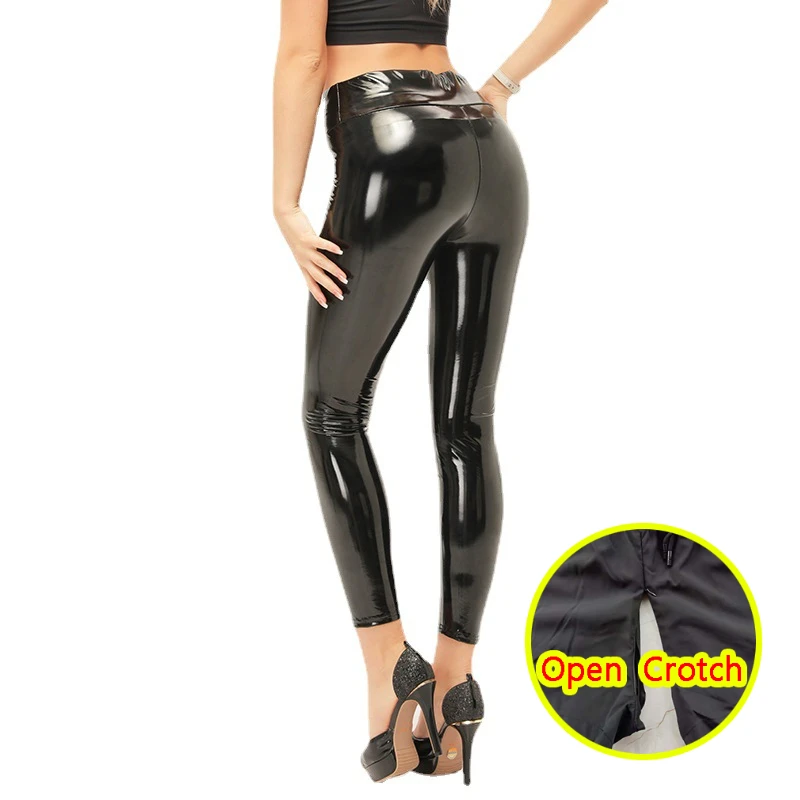 Woman Sexy Open Crotch Leggings PU Hot Pants Flash Leather Zipper Crotchless Easy Outdoor Sex Brighten Skin Elastic Sport Cloth