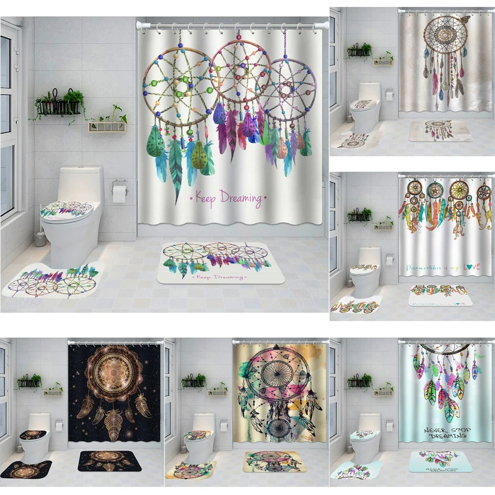 

Dreamcatcher Shower Curtain Set Fabric Boho Art Colorful Peacock Feather Bathroom Curtain Non-Slip Rug Bath Mat Toilet Lid Cover