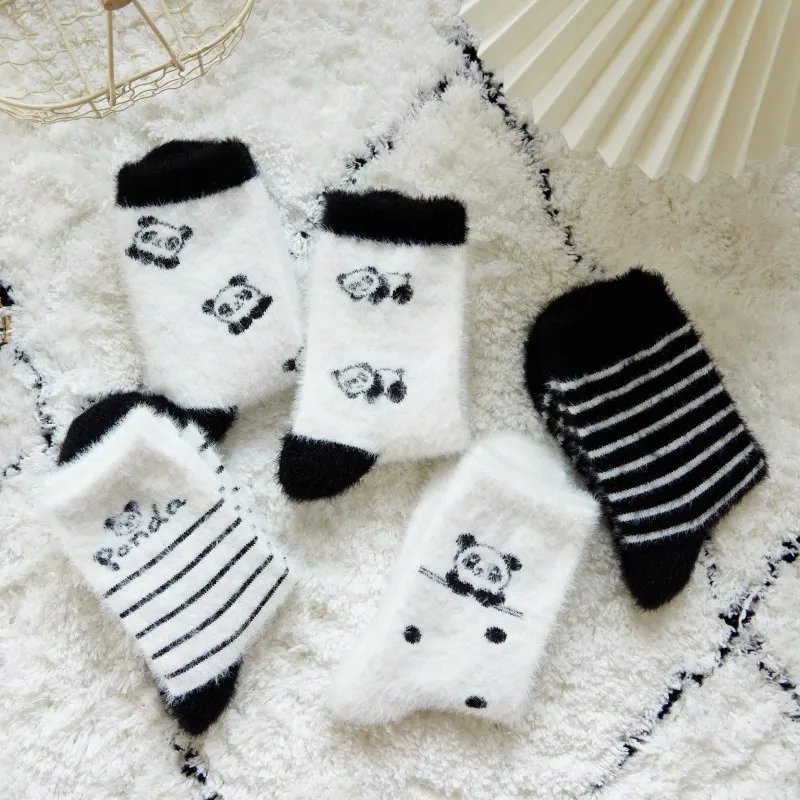 Winter Warm Thick Furry Floor Sleep Socks Set Cute Cartoon Panda Socks for Women Kawai Thermal  Fluffy Girl Middle Tube Socks
