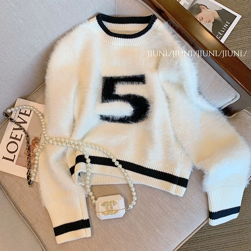 

Limiguyue Mohair White Sweater Women Winter Warm Knitted Mink Velvet Pullover Soft Casual Letter-5 Slim Jumper Temperament J872